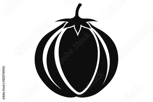 A stark silhouette displays a rounded eggplant with a distinct stem detail beautifully