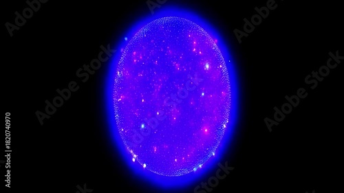 A luminous sphere of blue and purple points radiates light against a dark background, creating a dynamic digital and high-tech abstract look