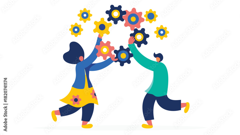 Naklejka premium Highly detailed flat vector illustration featuring two prominent figures engaged in a dynamic interaction rendered with a vibrant and diverse color palette and clean typography