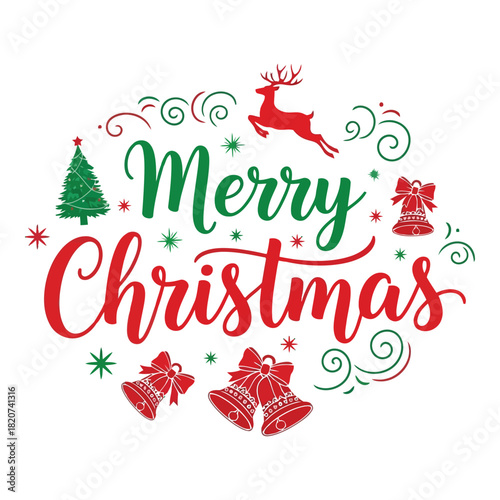 Merry christmas festive greeting with reindeer tree and bells