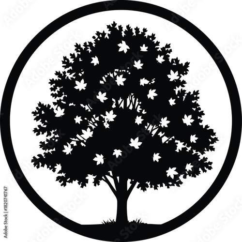 Silhouette of a detailed tree within a circle emblem