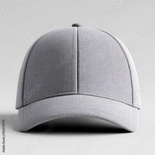 A plain gray baseball cap is displayed centrally against a clean white background. The lighting is soft and even, highlighting the texture of the fabric.