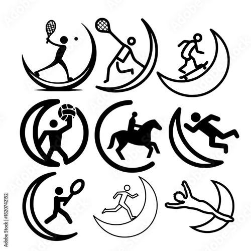 Sport activity icon set with people exercising on a crescent moon in modern vector artwork