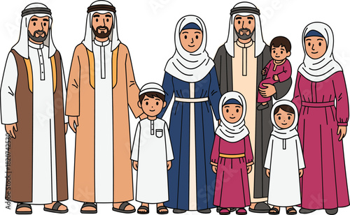 Middle Eastern family vector illustration, traditional attire, cultural heritage, multigenerational unity, Islamic clothing, modest fashion, ethnic identity, group portrait, celebration