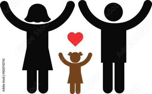 Minimalist vector icon illustration of a happy family, with parents forming a protective roof over their beloved child, featuring a floating red heart, 