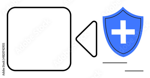 Video camera outline with adjacent blue shield and cross, symbolizing media security, health safety, digital privacy, data protection, healthcare, monitoring, and trust. A simple flat metaphor