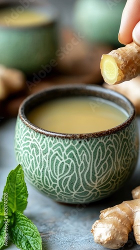 A close-up shot shows a hand delicately holding a piece of fresh ginger root above a decorative green ceramic cup filled with golden ginger tea. Fresh mint leav