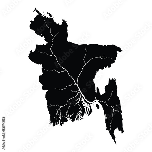 Black silhouette map of bangladesh with white river system