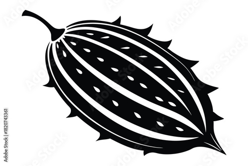 A kiwano melon shows its spiky skin and seeds within in a vector