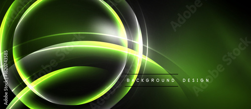 Abstract neon lines create dynamic curves, glowing shapes. Dark green background enhances bright light effects, modern design element.