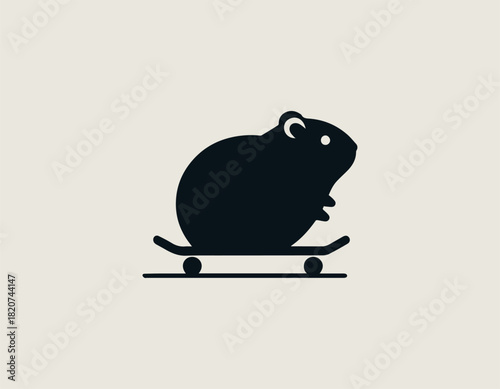 plump black rodent character energetically skateboarding with a joyful expression and a simple line art design.