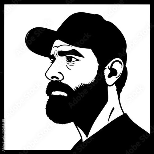 Sharp contrasting profile illustration of a bearded man with distinct Mediterranean features, including a strong nose and piercing brown eyes, wearing a fitted cap, set against clean negative space, b