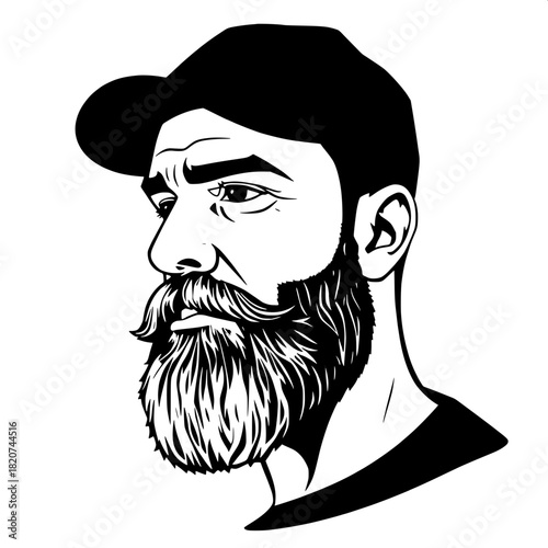 Sharp contrasting profile illustration of a bearded man with distinct Mediterranean features, including a strong nose and piercing brown eyes, wearing a fitted cap, set against clean negative space, b