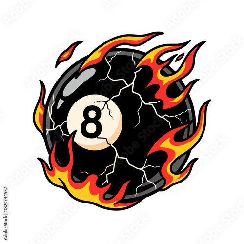 A cartoon vector illustration of a cracked black eight ball from billiards engulfed in fire and flames.