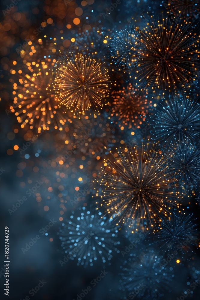 Fototapeta premium Vibrant fireworks display in shades of blue and orange illuminating the night sky, creating a festive atmosphere for celebrations and special events with dazzling bursts of light
