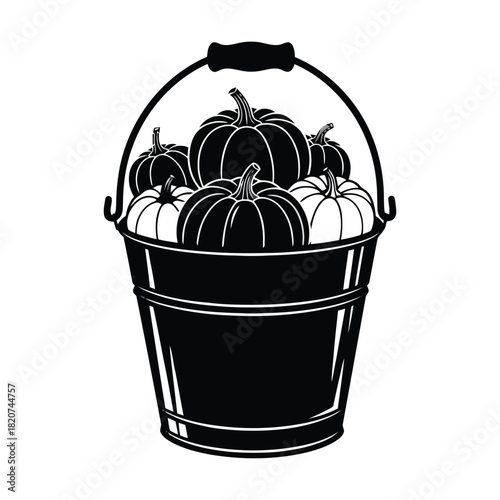 Black and white illustration of a bucket filled with pumpkins