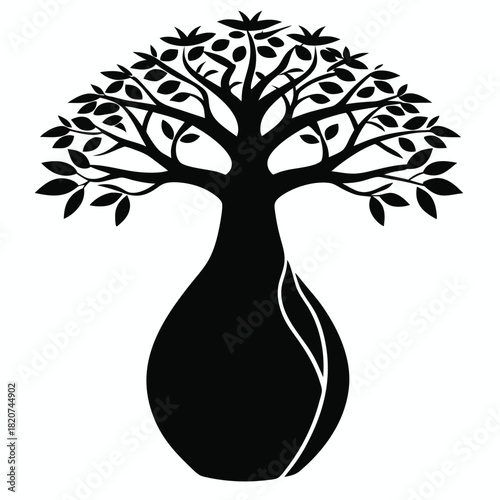 Silhouette shows a stout black tree emerging from bulbous vaselike base with white lines