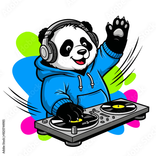 A cool cartoon panda DJ wearing headphones and a blue hoodie, mixing music on turntables and waving.