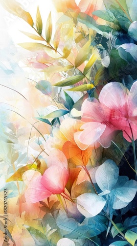 An abstract watercolor painting of various flowers and leaves in soft pastel colors. The composition is filled with delicate petals and foliage, rendered with a