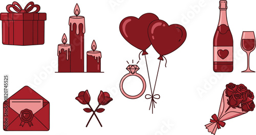 Romantic vector icon set featuring a diamond engagement ring, heart balloons, champagne, red roses, lit candles, gift box, and love letter, 