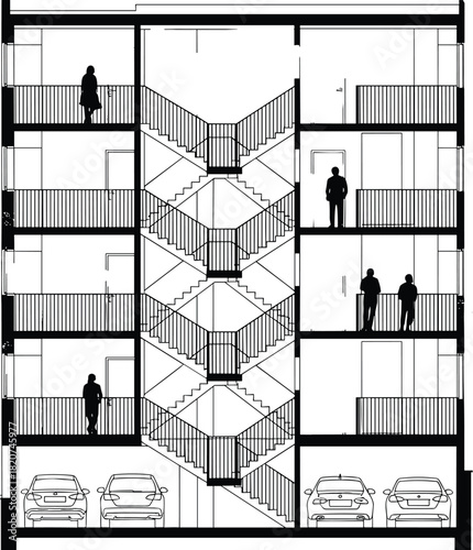 Architectural Sectional View of a Modern Residential Building with Central Staircase, Multi-Level Balconies, and Ground Floor Parking for Urban Living Design