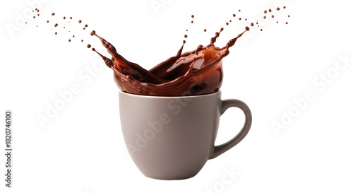 Exuberant splash of rich, dark chocolate liquid bursting from a warm beverage mug, capturing the vigorous action of a delightful, well-whisked treat