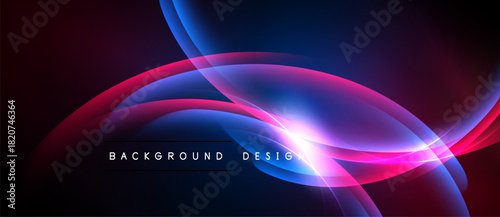 Abstract design features flowing curves, vibrant colors. Blue, pink, red hues blend into dark background. Modern aesthetic.