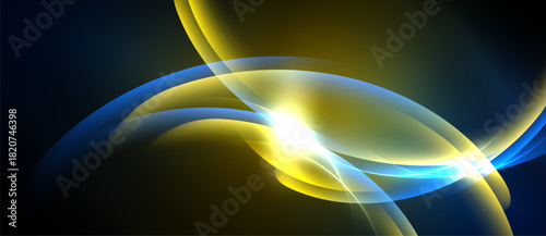 Abstract swirls, luminous yellow, blue hues blend. Bright center radiates energy, dark background contrasts shapes. Smooth gradients create dynamic visual impact.