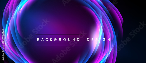 Abstract neon layers create vibrant circular design. Purple, blue hues dominate dark background. Text reads background design.