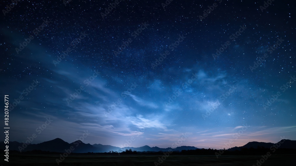 Fototapeta premium Moonless night sky with wispy clouds and distant starry glow over mountains