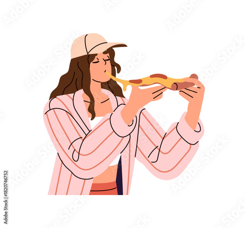 Young woman holds and bites piece of pizza. Happy girl enjoys Italian snack. Person eats fast food with cheese. Character tastes fastfood. Flat isolated vector illustration on white background