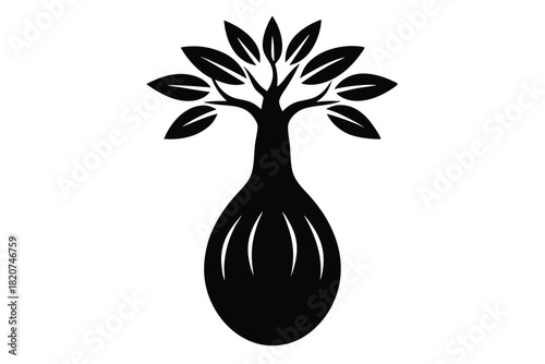 Silhouette of a baobab tree with its leaves spread and a distinctive swollen trunk