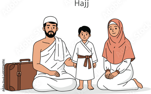 Vector illustration of a happy Muslim family preparing for the Hajj or Umrah pilgrimage to Mecca, Saudi Arabia, wearing traditional white Ihram attire, 