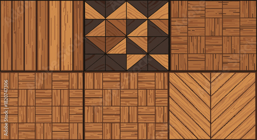 Wood Parquet Flooring Patterns Set Various Seamless Texture Tiles including Straight Plank, Chevron, Basket Weave, and Geometric Inlay Designs for Interior Decoration, Furniture, and Home Renovation P