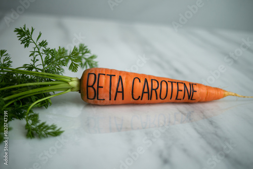 Orange carrot with “beta carotene” inscribed along its length. Clean studio image emphasizing nutrition and natural freshness