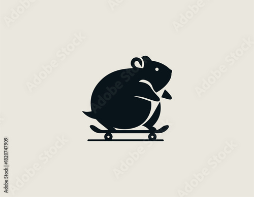 plump black rodent character energetically skateboarding with a joyful expression and a simple line art design.