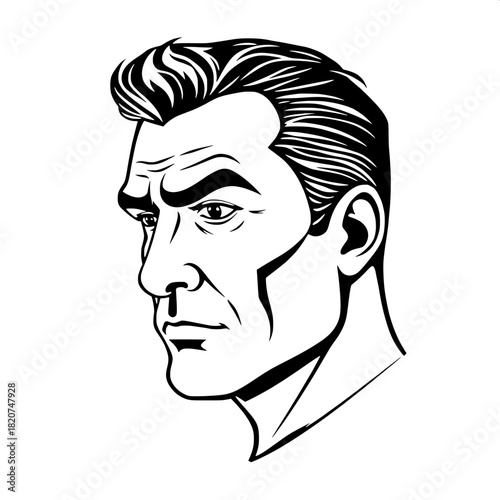 Black-and-white vector artwork of a mature male profile with a strong jawline, expressive brow, and distinctive nose, rendered in clean and bold contour lines, minimal shading, and a modern aesthetic,