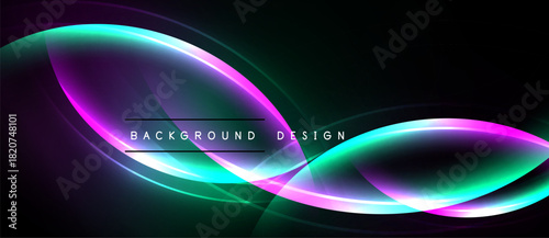Abstract neon lines create dynamic curves. Vibrant colors blend against dark background. Modern design element for digital projects.