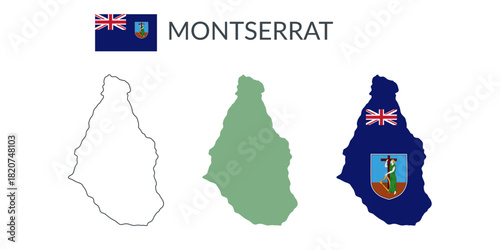 Montserrat geographical borders isolated on white background. Flag of Montserrat. Vector flat cliparts.