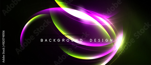 Abstract vibrant layers create flowing light effect. Purple, green hues dominate dark background. Text reads background design.