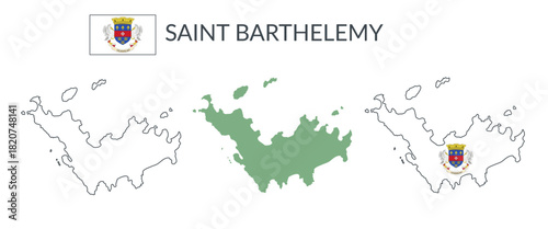 Saint Barthelemy geographical borders isolated on white background. Flag of Saint Barthelemy. Vector flat cliparts.