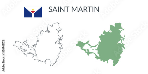 Saint Martin geographical borders isolated on white background. Flag of Saint Martin. Vector flat cliparts.
