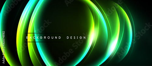 Abstract neon lines create dynamic glowing curves. Dark background emphasizes vibrant green, yellow gradients. Modern design element.