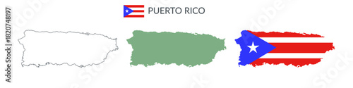 Puerto Rico geographical borders isolated on white background. Flag of Puerto Rico. Vector flat cliparts.