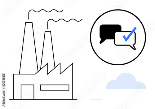 Factory emitting smoke, chat bubbles with a checkmark, and a cloud element. Ideal for industry, communication, collaboration, quality, sustainability innovation verification. A simple flat metaphor