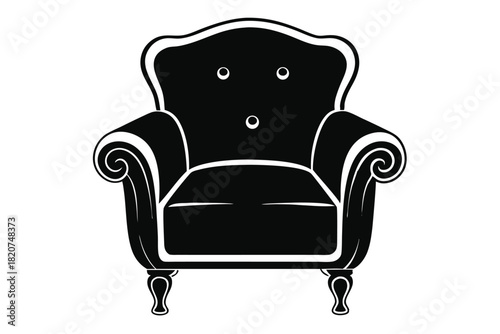 Black ornate armchair stands elegantly against a stark white backdrop providing a striking contrast