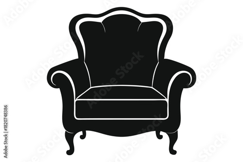 Elegant black armchair displays ornate detailing and carved legs against a simple white backdrop