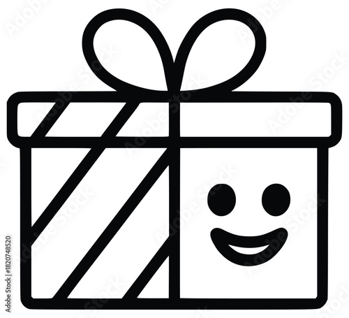Gift Icon: An illustration of a gift box, wrapped with a ribbon, it shows a happy face. Expressing sentiments of delight, anticipation and cheerful giving.