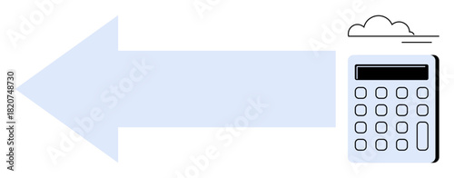 Large light-blue arrow directs focus to a calculator with a cloud design, symbolizing data transfer, financial management, or analysis. Ideal for finance, accounting, technology, data processing