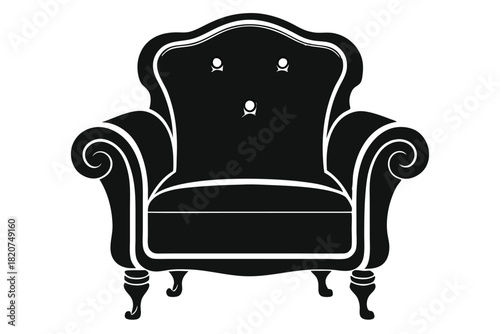 A monochrome illustration shows a stylish armchair with curved armrests and buttoned back